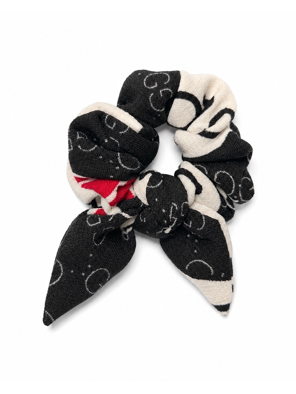 Upcycled Gucci Fabric Bow Scrunchie Black Ivory Red Hair Accessory